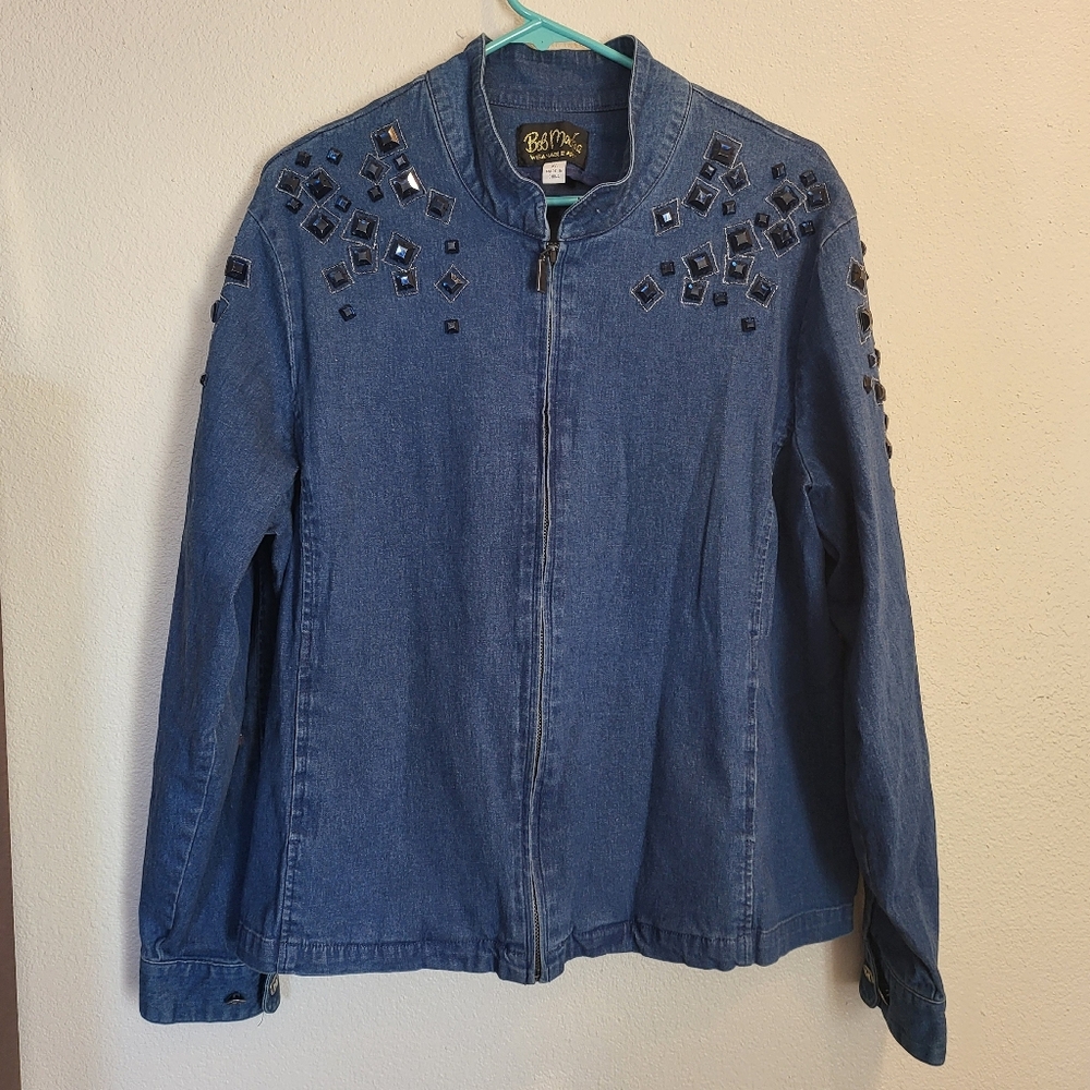 Bob Mackie Jean Jacket Blue Denim With Embellishments Women's Size XL